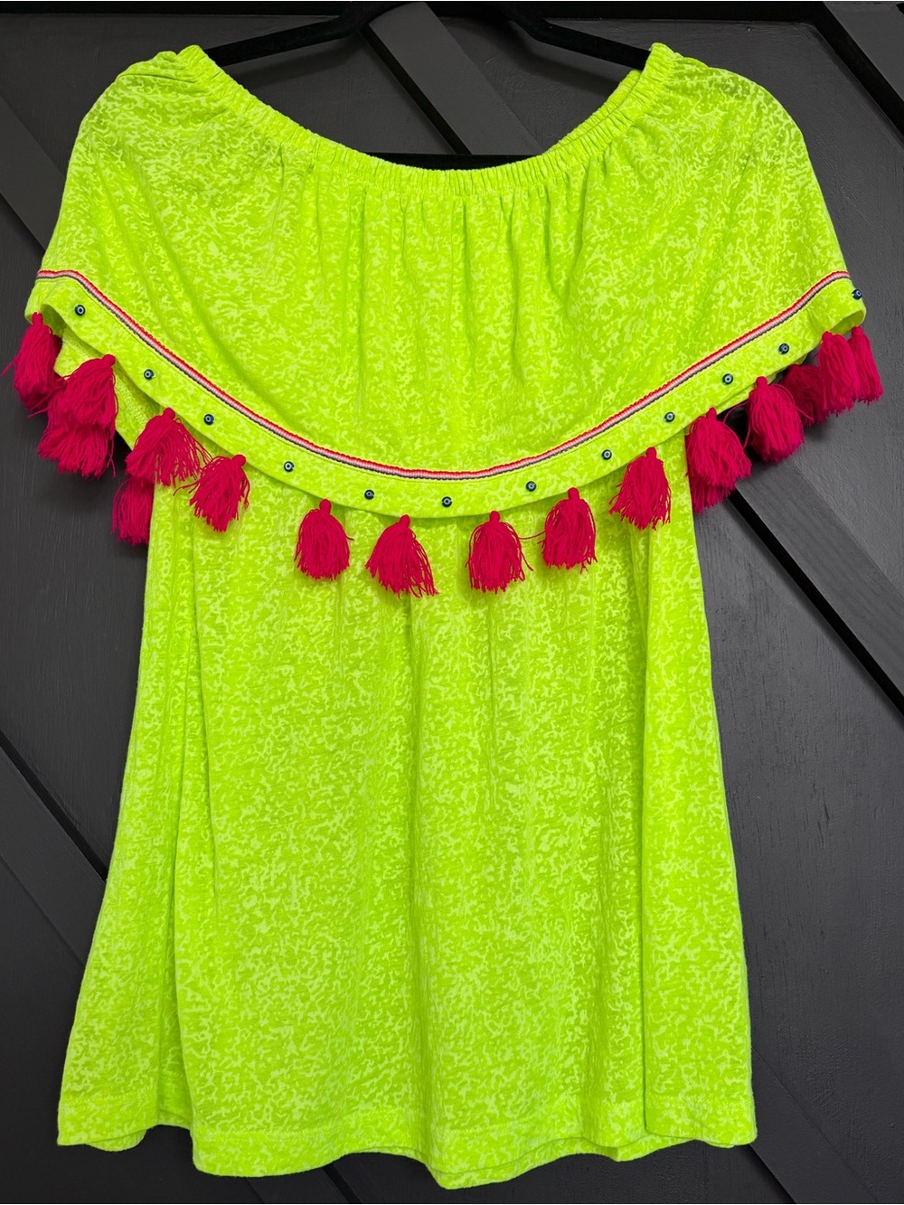Pitusa Neon Lime Off-the-Shoulder Tassel Cover-Up, One Size Petite - Picture 2 of 7